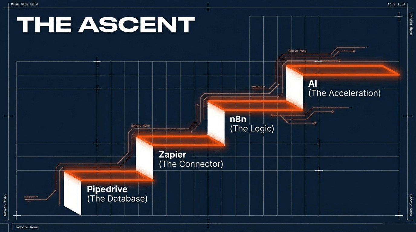 The Ascent — from Pipedrive automations to Zapier to n8n to AI, each step unlocking the next.