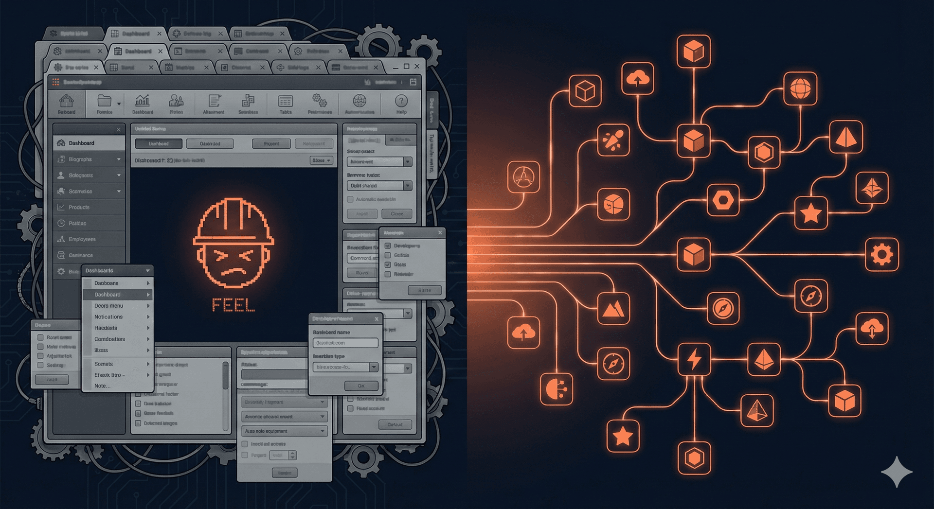 The old model: one cluttered dashboard. The Atlas way: dozens of connected, purpose-built apps.