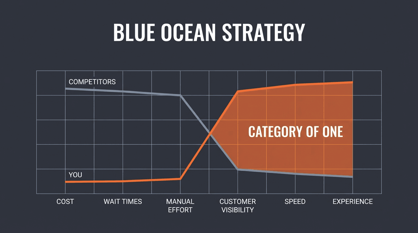 Blue Ocean Strategy — competitors decline on customer visibility, speed, and experience while you create a category of one.