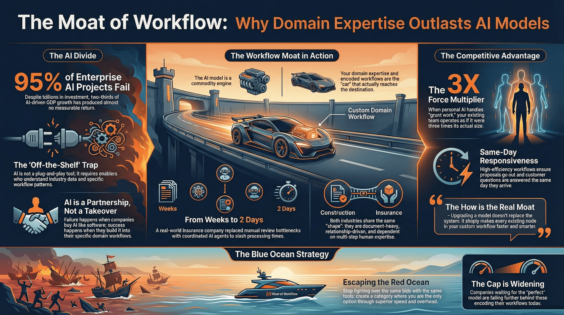 The Moat of Workflow: Why Domain Expertise Outlasts AI Models — 95% failure rate, weeks to 2 days, the engine vs the car, Blue Ocean strategy.